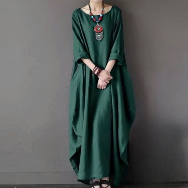 Tunika Kleid Midi Damen – Einfarbiges Maxikleid aus Baumwolle & Leinen mit 3/4-Ärmeln - Image 8