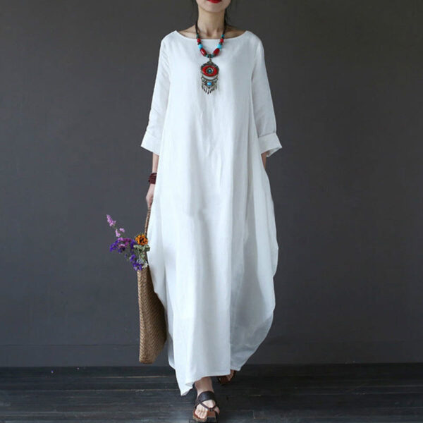 Tunika Kleid Midi Damen – Einfarbiges Maxikleid aus Baumwolle & Leinen mit 3/4-Ärmeln