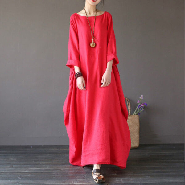 Tunika Kleid Midi Damen – Einfarbiges Maxikleid aus Baumwolle & Leinen mit 3/4-Ärmeln - Image 5