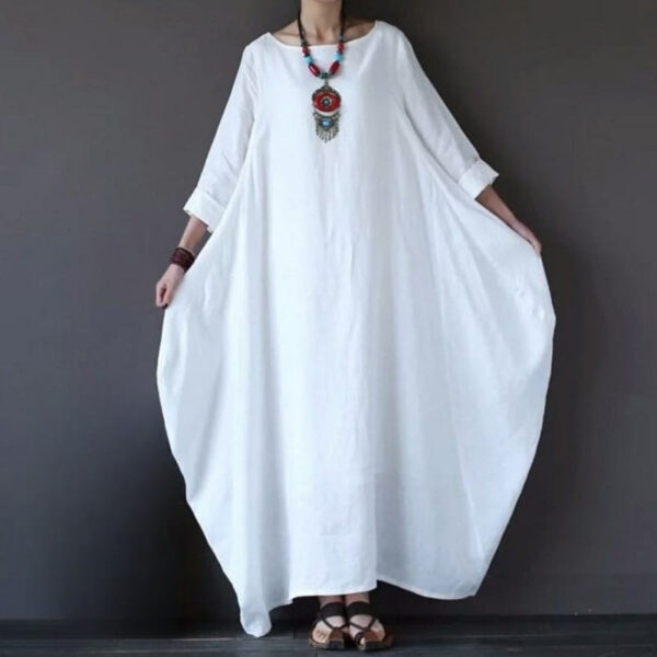 Tunika Kleid Midi Damen – Einfarbiges Maxikleid aus Baumwolle & Leinen mit 3/4-Ärmeln - Image 2
