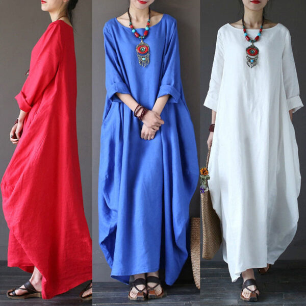 Tunika Kleid Midi Damen – Einfarbiges Maxikleid aus Baumwolle & Leinen mit 3/4-Ärmeln - Image 7