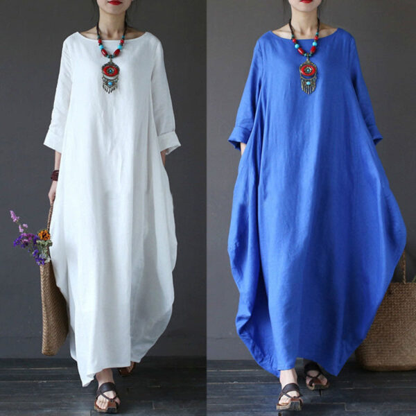 Tunika Kleid Midi Damen – Einfarbiges Maxikleid aus Baumwolle & Leinen mit 3/4-Ärmeln - Image 10