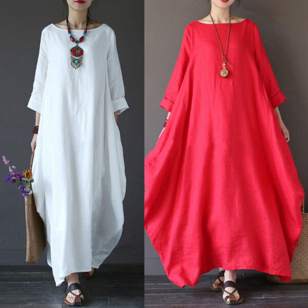 Tunika Kleid Midi Damen – Einfarbiges Maxikleid aus Baumwolle & Leinen mit 3/4-Ärmeln - Image 4